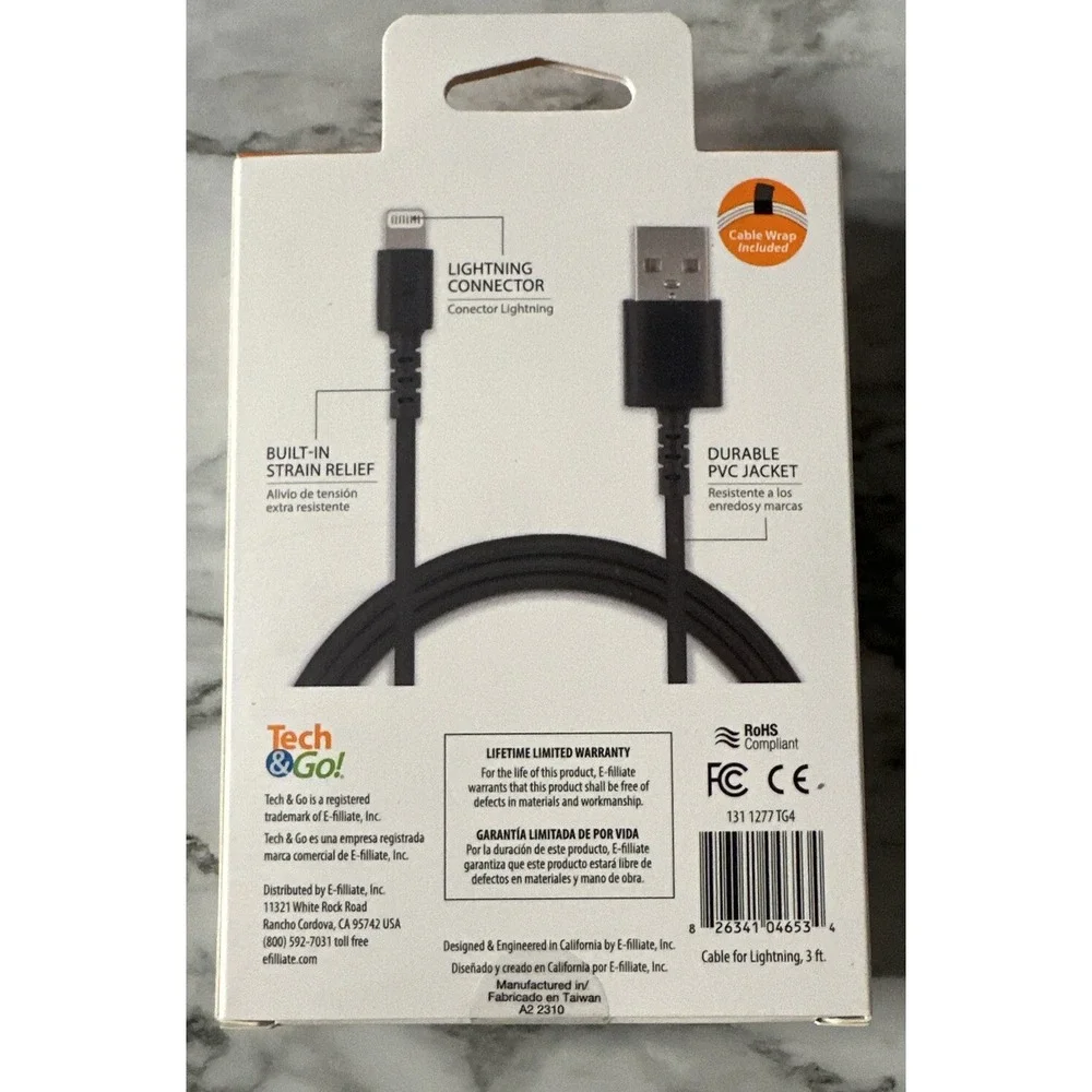 Tech & Go 3ft USB Charge Cable‎ for iPhone iPad iPod - NEW SEALED PACKAGE- Black
